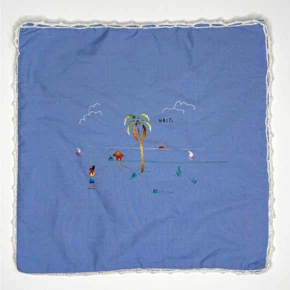 Haitian Palm Tree Tiki Hut Throw Pillow Cover Hand Embroidered Tropical Boho - Picture 1 of 4